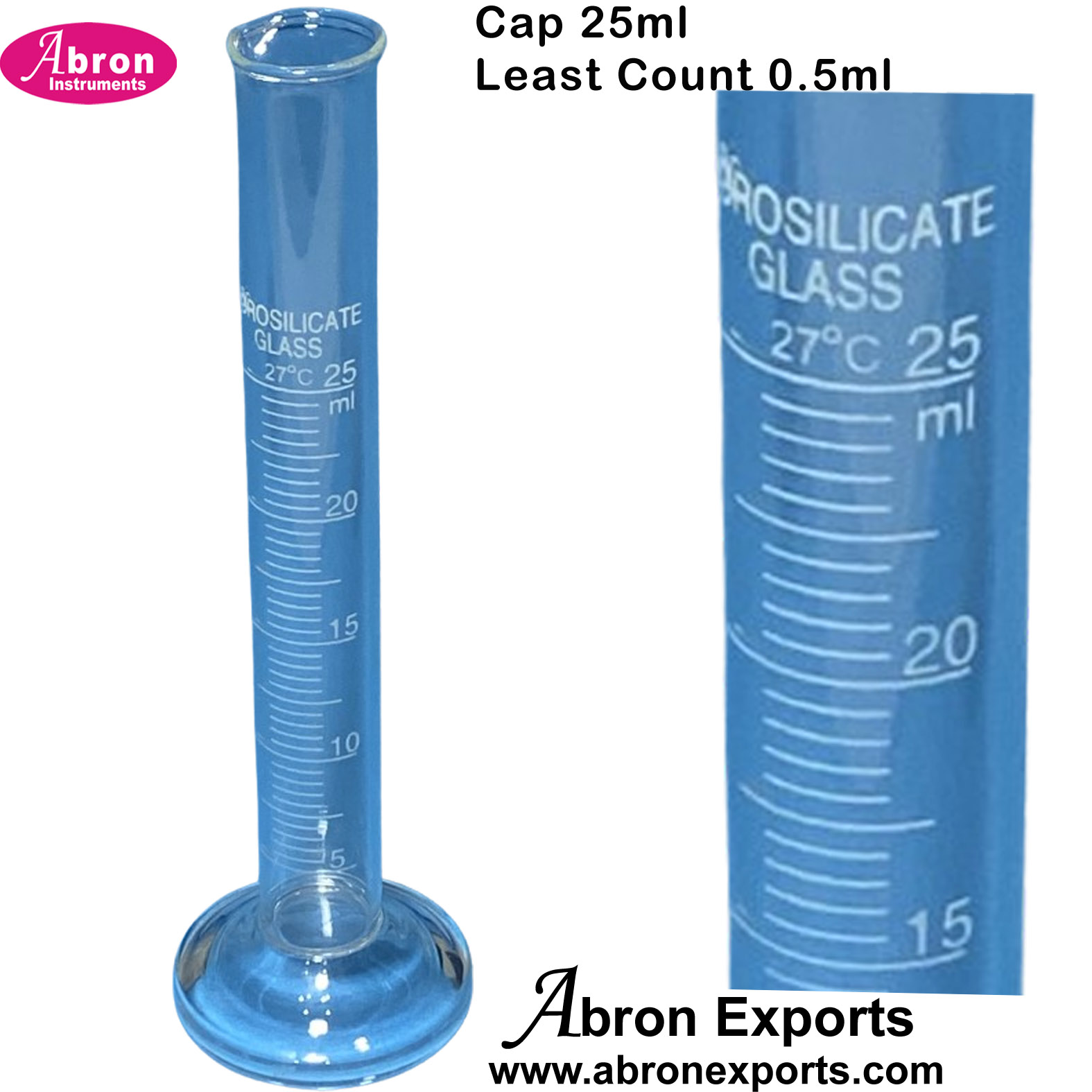 Glass Measuring Cylinder 25ml LC 1ml Graduated Approx Round Bottom with Spout Rim Borosilicate Glass 10pc Abron AC-427B25 